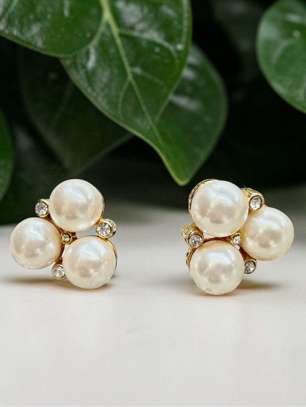 Vintage Monet Faux Pearl & Rhinestone Cluster Earrings